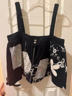 POL Black Sleeveless Embroidered Patchwork Tank